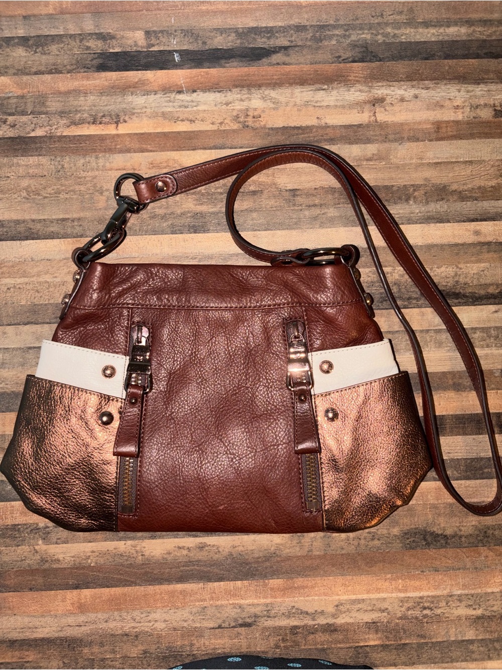 b. makowsky Brown Leather Shoulder Bag with Bronze Metallic & Cream Trim